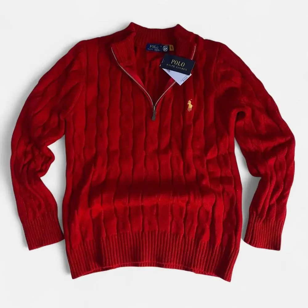 Polo Ralph Lauren red cable knit cotton quarter zip sweater